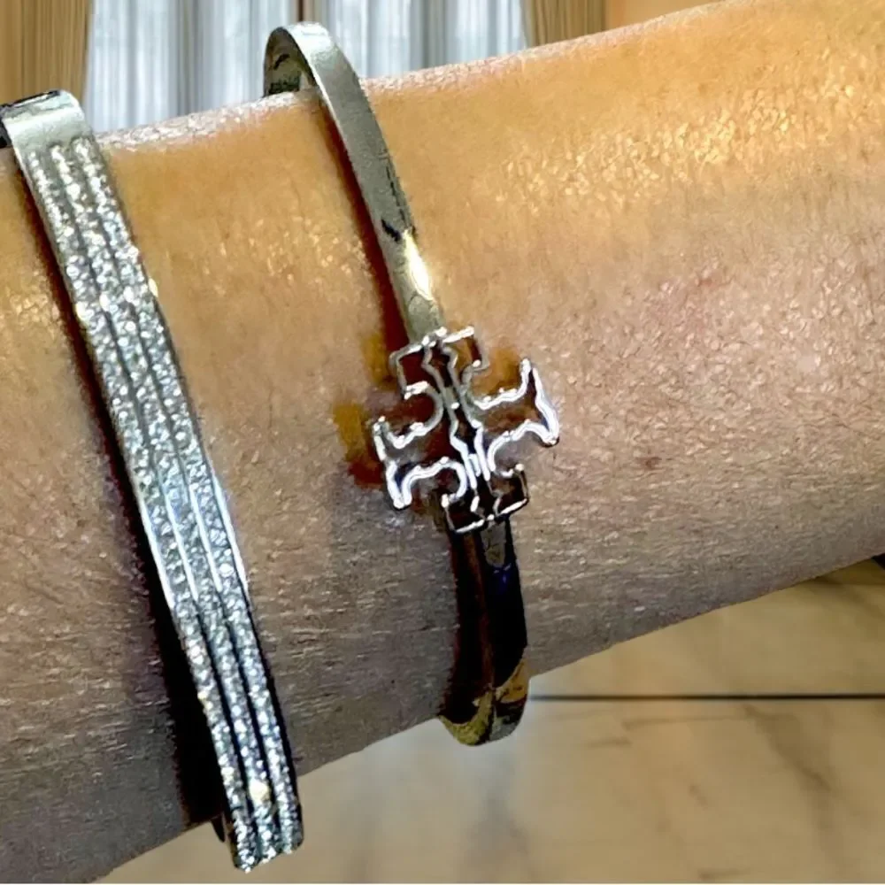 TORY BURCH LOGO DOUBLE T OPEN CUFF SILVER BRACELET